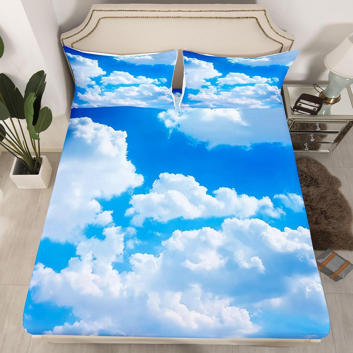 Erosebridal Blue Sky and White Clouds Sheet Set Twin Size for Boys Teens, Kids Kawaii Fitted Sheet Nature Bed Sheets Soft Microfiber Top Sheet Bedroom Decor 3 Pieces with 1 Pillowcase