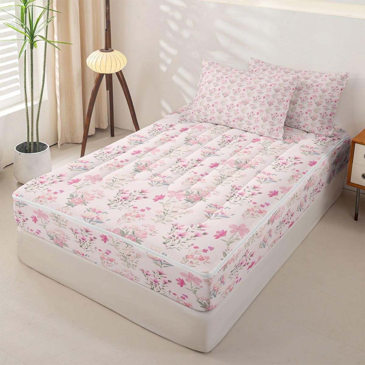 Feelyou Flower Comforter Set Full Size Zipper Bedding Set for Girls Boys Floral Spring Comforter with Fitted Sheet, Pillowcases Pink Green Block Print Zipper Bedding Breathable Boho Bed in a Bag