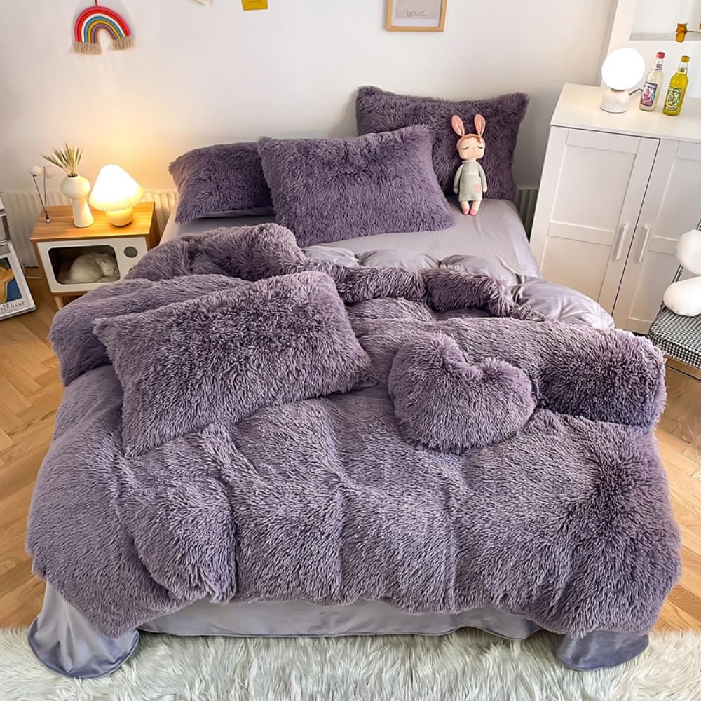 chovy Faux Fur Plush Purple Comforter Sets Queen - Ultra Soft Shaggy Flannel Velvet Fluffy Fuzzy 3PC Bedding Set （Comforter x 1 Pillowcases x 2）
