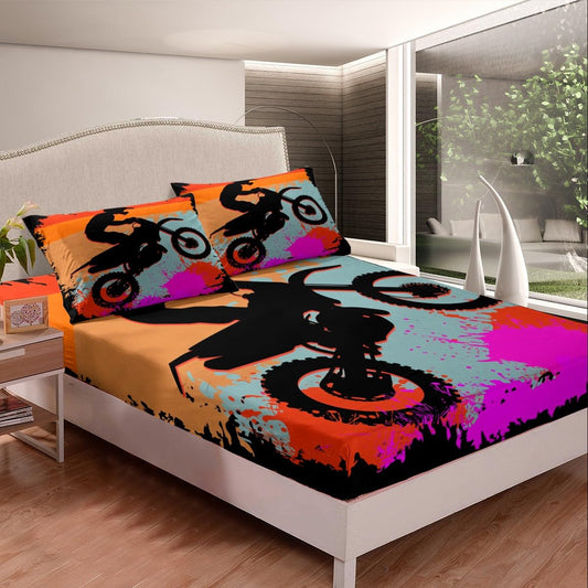 Feelyou Dirt Bike Fitted Sheet for Boys Watercolor Motorcycle Racer Silhouettes Bed Sheets Extreme Sports Motocross Bedding Set Kids Teens Queen Size Orange (No Flat Sheet)
