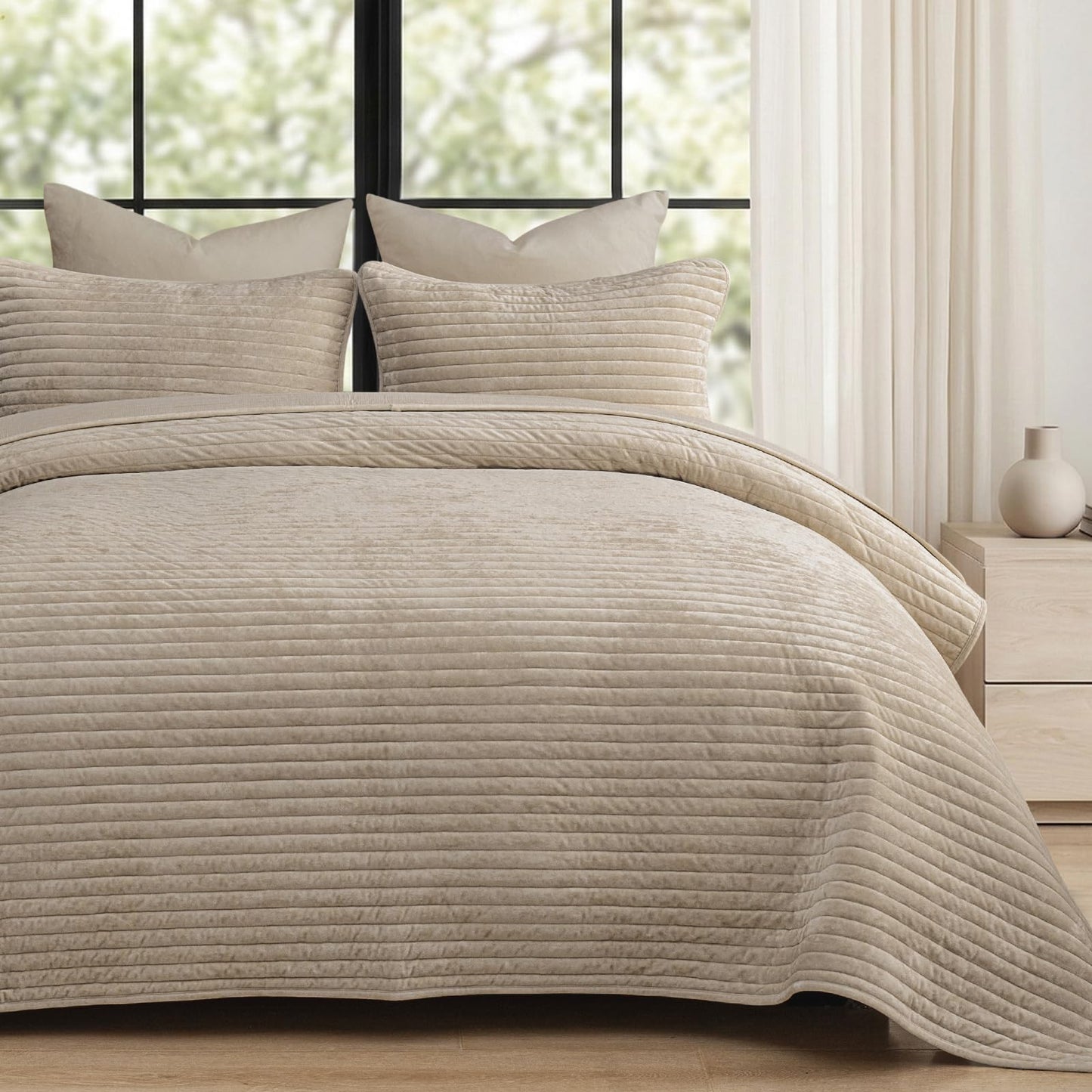 PHF Luxury Velvet Quilt Set Queen Size – 3PCS Ultra Soft Quilted Comforter Alternative with Striped Channel, Cozy Quilted Bedspread, 1 Coverlet with 2 Matching Shams, 90" x 92", Oxford Tan