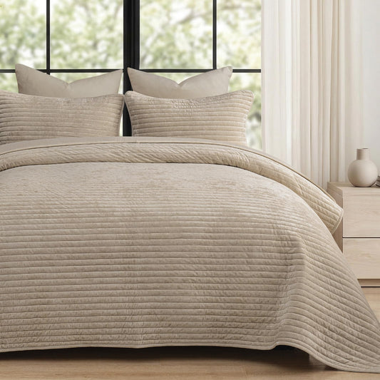 PHF Luxury Velvet Quilt Set Queen Size – 3PCS Ultra Soft Quilted Comforter Alternative with Striped Channel, Cozy Quilted Bedspread, 1 Coverlet with 2 Matching Shams, 90" x 92", Oxford Tan