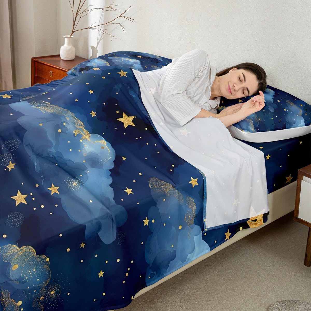 Castle Fairy Night Sky Sheet Set Trippy Starry Galaxy Bedding Set Ombre Blue Cloud Bed Sheets Teens Room Decor Navy Blue Bed Set (Twin Flat Sheet & Fitted Sheet with 1 Pillow Case)
