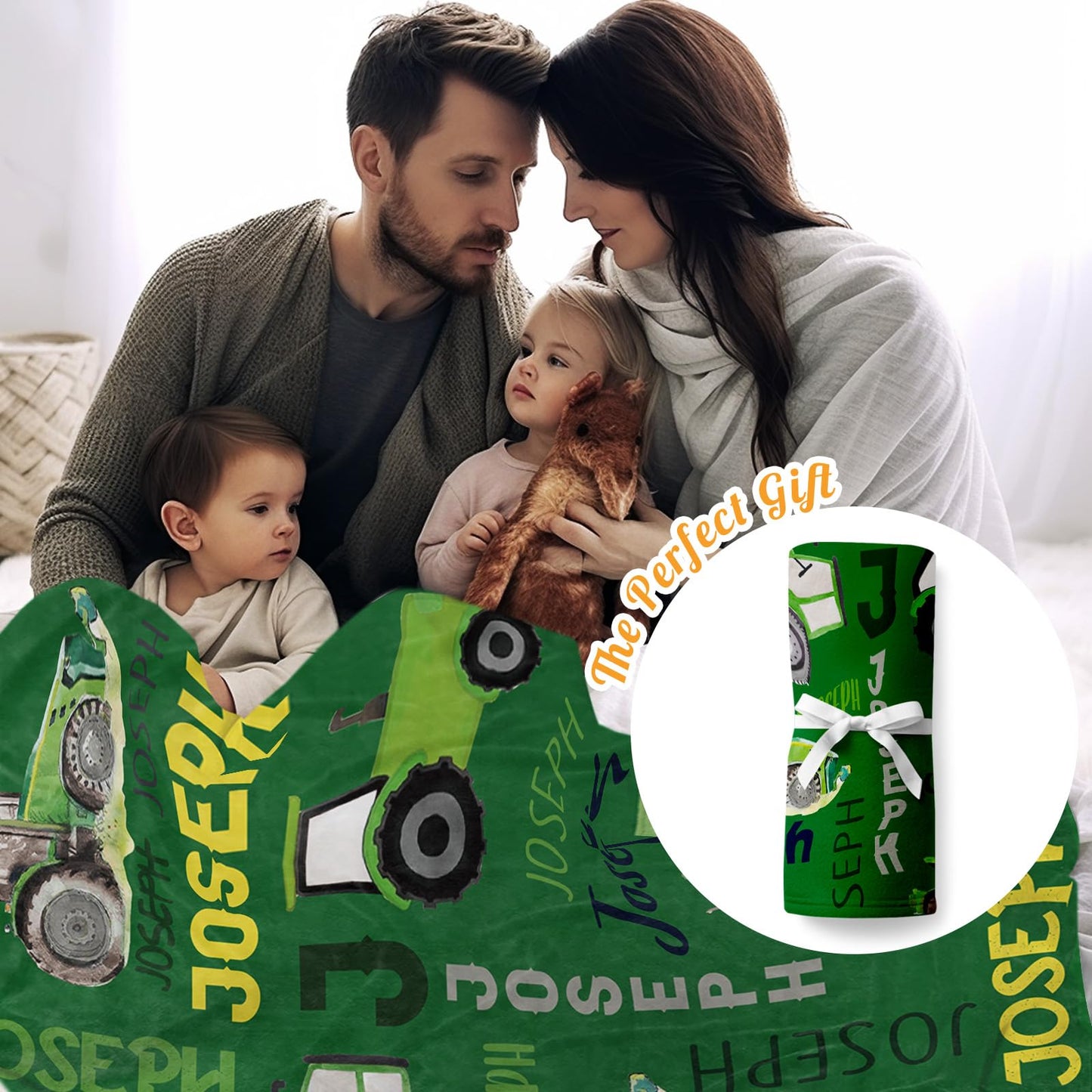Personalized Tractors Blanket - Custom Name with Farm Tractor Trucks Design - Soft Plush Flannel Bed Blanket for Baby Kid Teen Boys Girls Customized Gifts Green