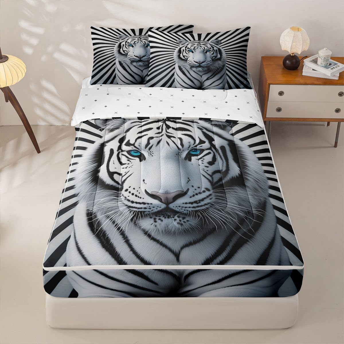 jejeloiu White Tiger Comforter Set Twin Size Zipper Bedding Set for Girls Boys 3D White Tiger Print Comforter with Fitted Sheet, Pillowcases Wildlife Zipper Bedding Soft Breathable Bed in a Bag