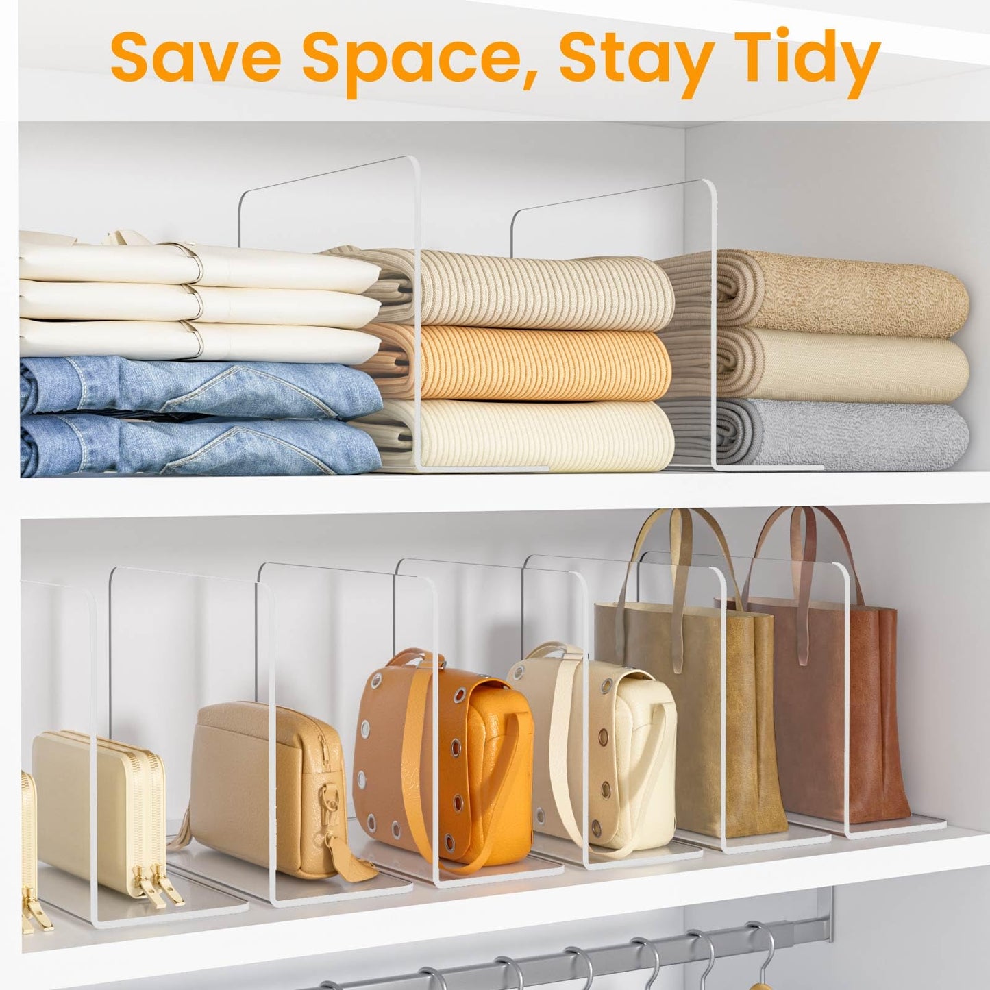 Hotbird Shelf Dividers for Closet Organization – Acrylic Clear Sturdy Dividers to Keep Clothes, Sweaters & Purses Upright, Free-Standing for Wood Shelves, 10" Tall x 12" Deep, 4 Pack