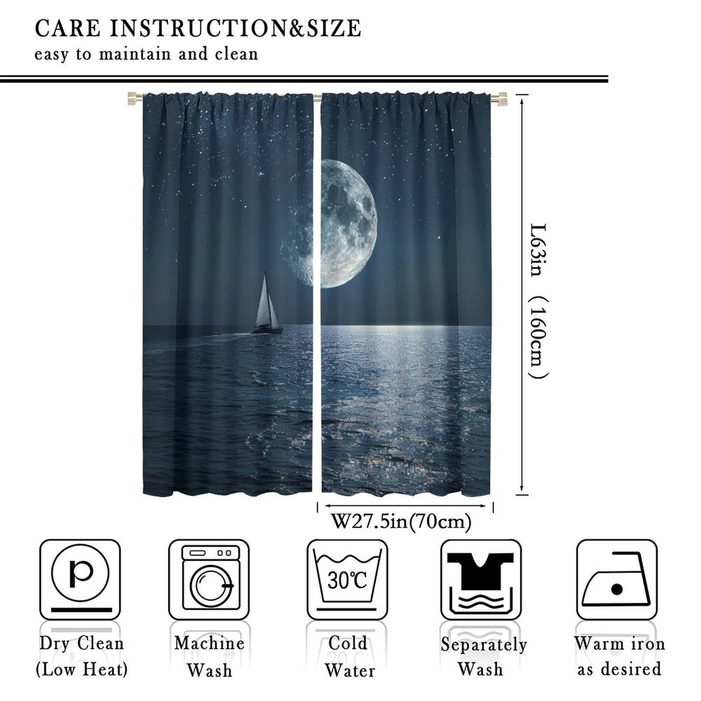 TOWINSFB Modern Sailboat Star Moon Blackout Curtains for Living Room Bedroom, Seaside Nature Ocean Window Curtains Rod Pocket Thermal Insulated Window Drapes, 2 Panels, Each 21" W x 63" L