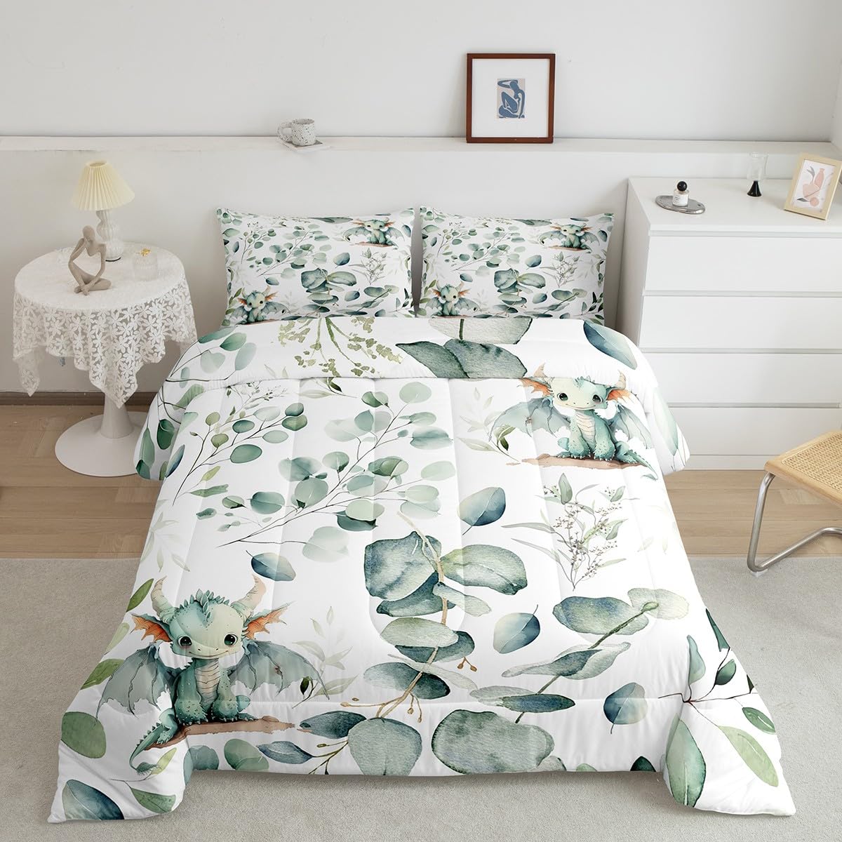 Erosebridal Boys Magic Animal Twin Bedding Sets Cute Dragon Comforter Set, Cartoon Wildlife Bedding Comforter Sets Green Leaf Duvet Insert, Spring Garden Plant Down Comforter Child Kids Bedroom Decor