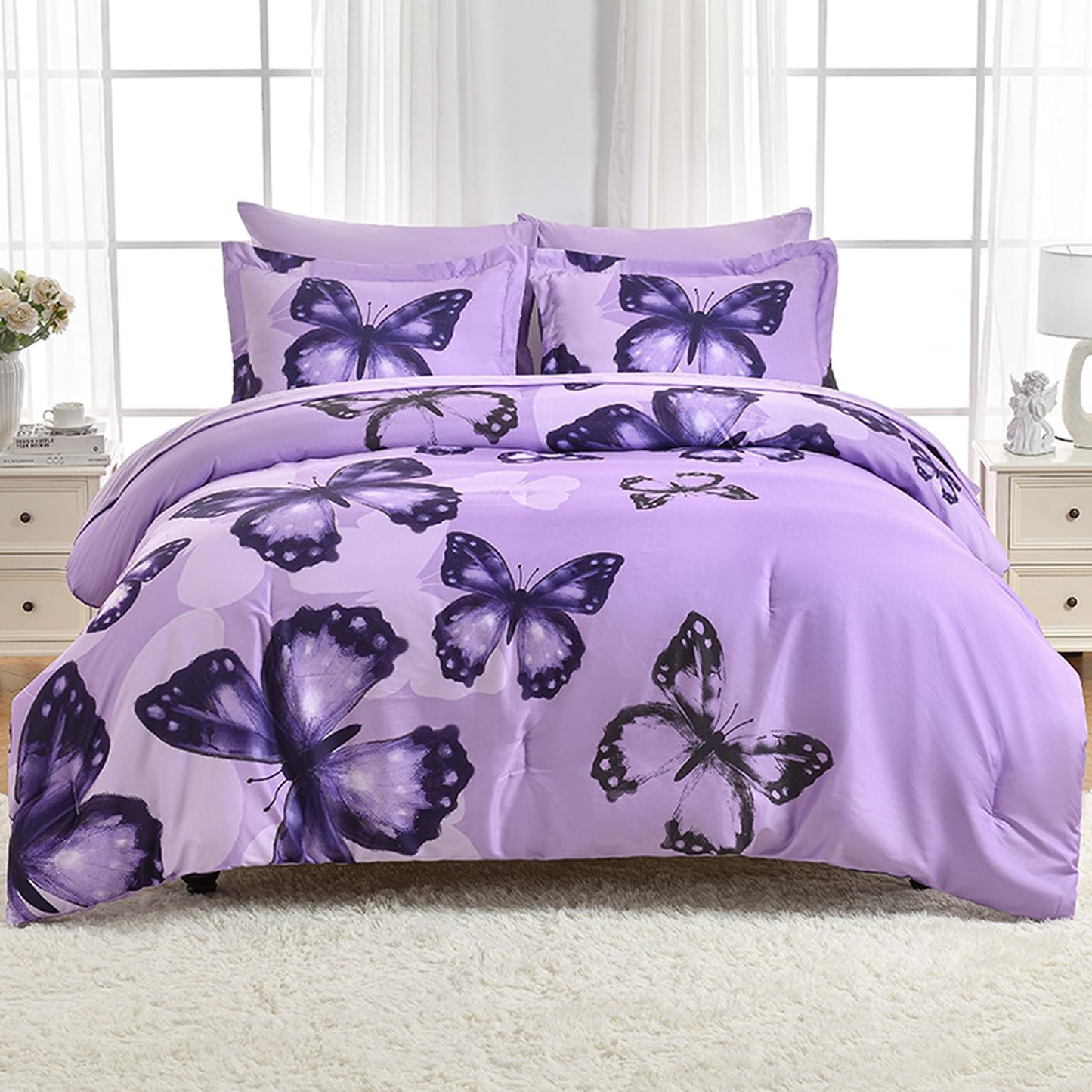 ARTALL Bed in A Bag Twin Size 5 Pieces, Purple Big Butterfly Bedding Comforter Set All Season Bed Set with Comforter, Pillow Sham, Flat Sheet, Fitted Sheet, Pillowcase