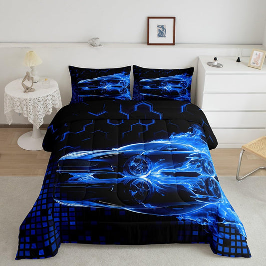 Feelyou Race Car Flame Comforter Set for Kids Boys Teens Full Size Speed Sports Bedding Set Ultra Soft Honeycomb Duvet Quilt Games Car Comforter Bedroom Decor Cool Modern Grid Duvet Quilt