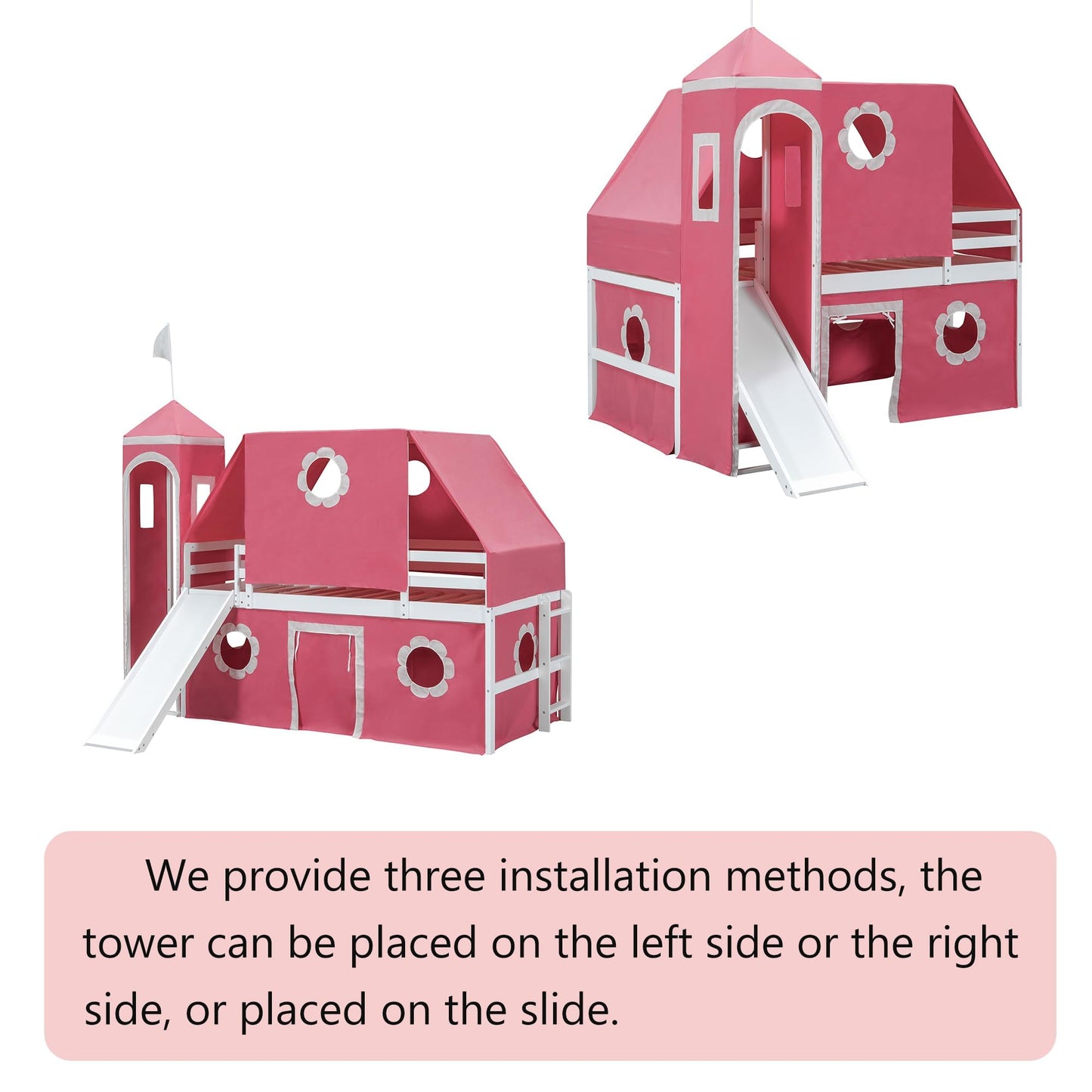Polibi Castle Loft Bed with Slide & Tent and Tower, Playhouse Design Spacious Under Bed Space with Curtains, Wood Tent Bed Frame for Kids Boys Girls (Pink, Twin)