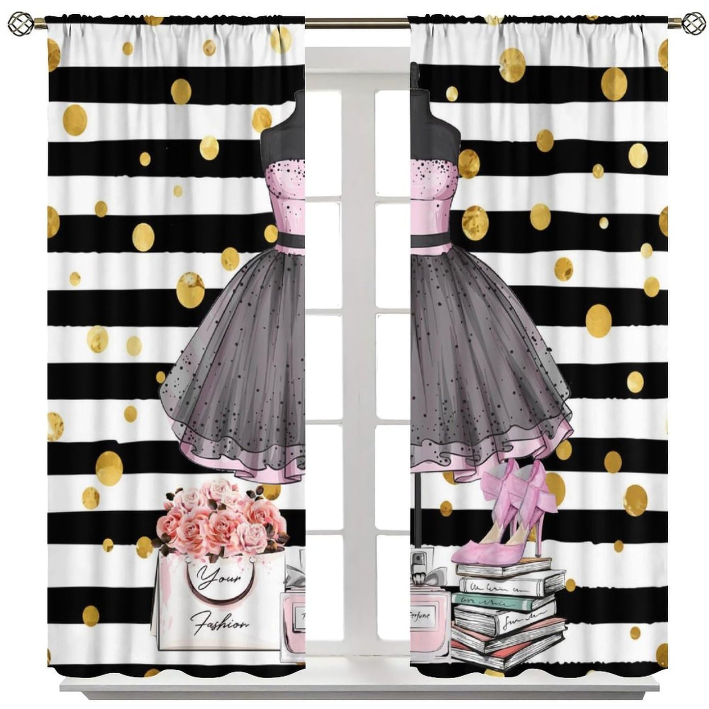 Girly Dresses Decor Window Curtain Pink Floral Girls Women Fashion Makeup Black And White Stripe Perfume Bottles High Heels for Home Kitchen Restaurant Decoration Window Curtain 2Panel 42"W X 45"L