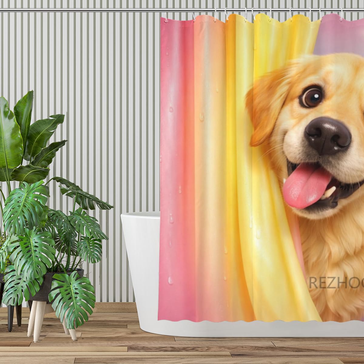 REZHOCH Funny Golden Retriever Shower Curtain 72x72Inch,Cute Dog Peeking Bath Curtain,Animal Colorful Pastel Kids Girls Gift Waterproof Fabric 3D Modern Home Bathroom Decor with Hooks