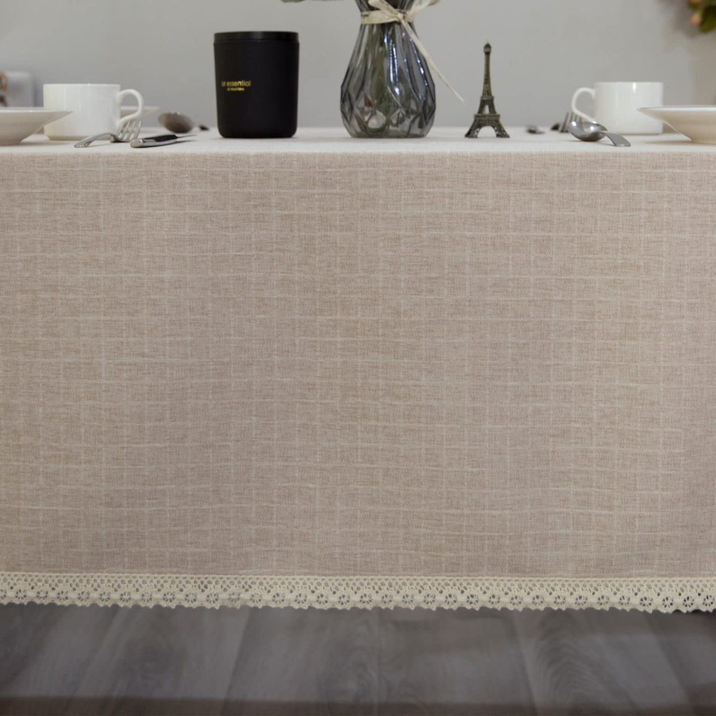 GLORY SEASON Textured Tablecloth Linen-Look Rustic Burlap Style Washable Solid Heavy Weight Lace Trim Rectangle Fabric Table Cloth,Table Cover for Kitchen Dinning Tabletop Decoration55x70 in Beige