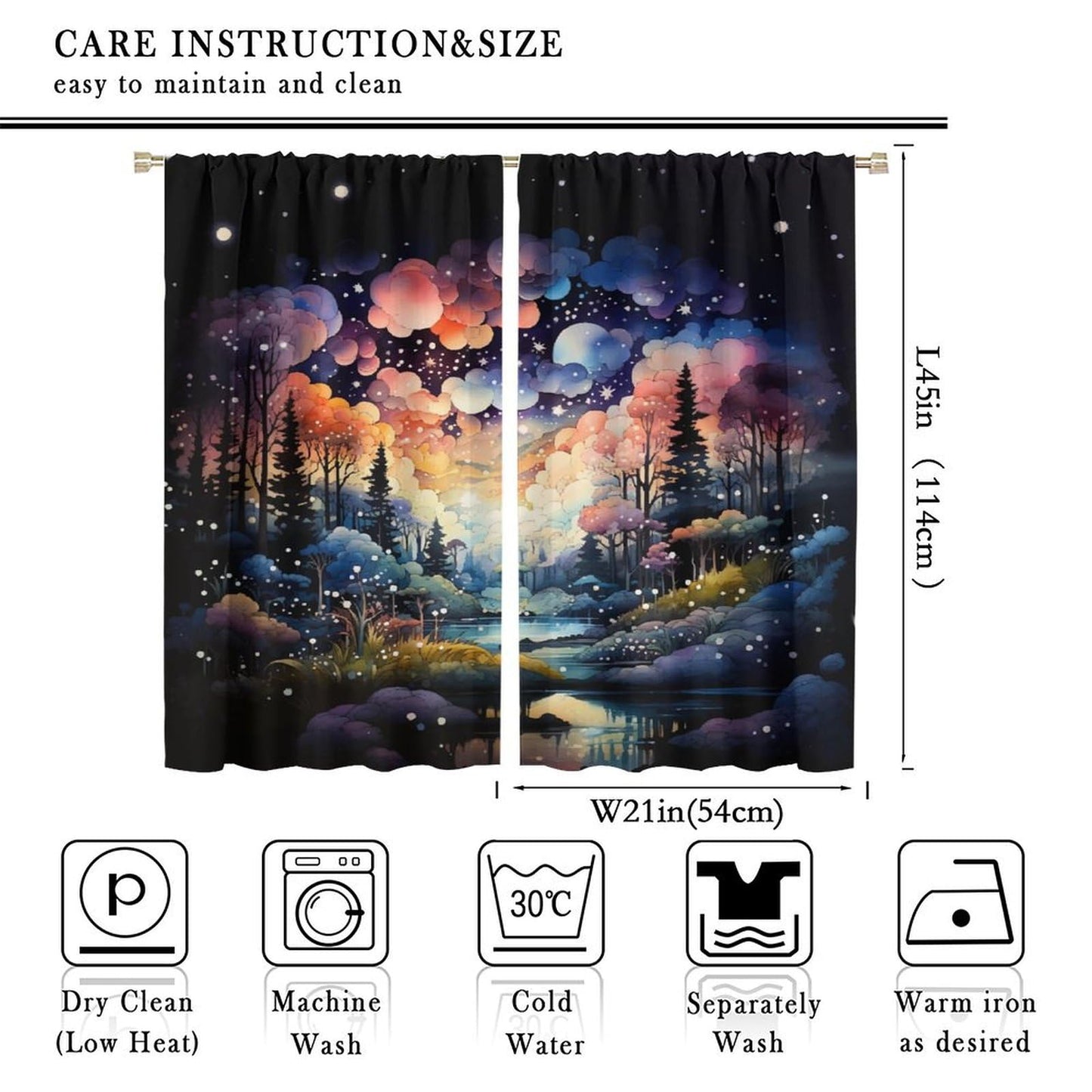 Fantasy Forest Curtains, Colorful Dreamy Mystic Fairy Tale Magic Jungle Under Starry Sky, Thermal Insulation Blackout Rod Pocket Window Treatments for Living Room Bedroom Bathroom (21x45in) x2 Panels