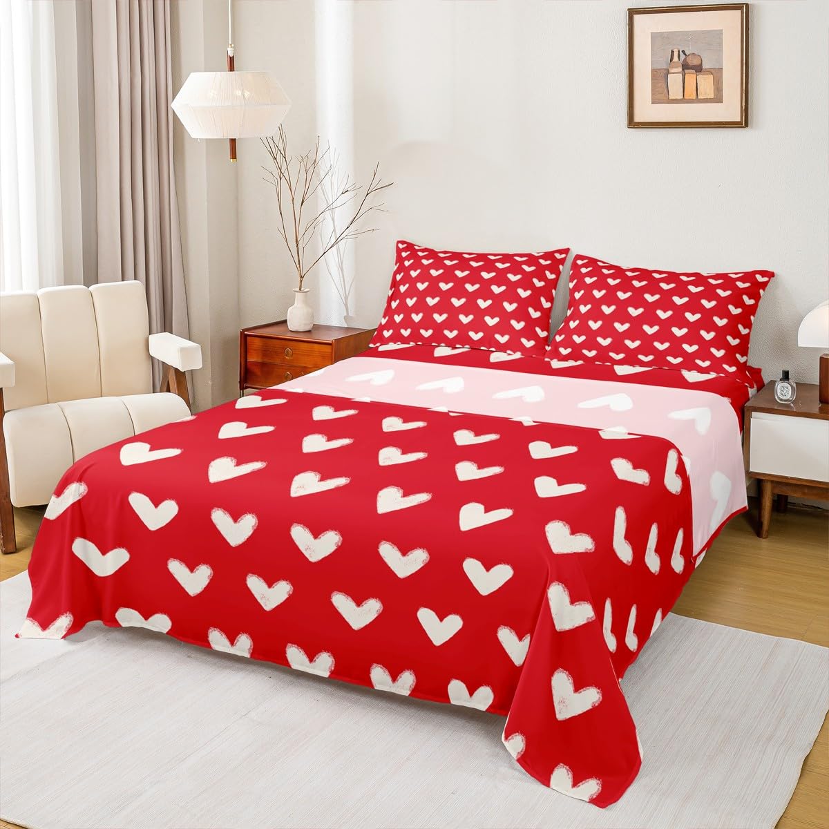 Red White Bed Sheets Full Size Cute Heart Pattern Bedding Set for Kids Boys Girls Valentine Day Gift Fitted Sheet Cartoon Love Geometric Flat Sheet Love Heart Soft Warm Sheet Sets Bedroom Decor 4Pcs