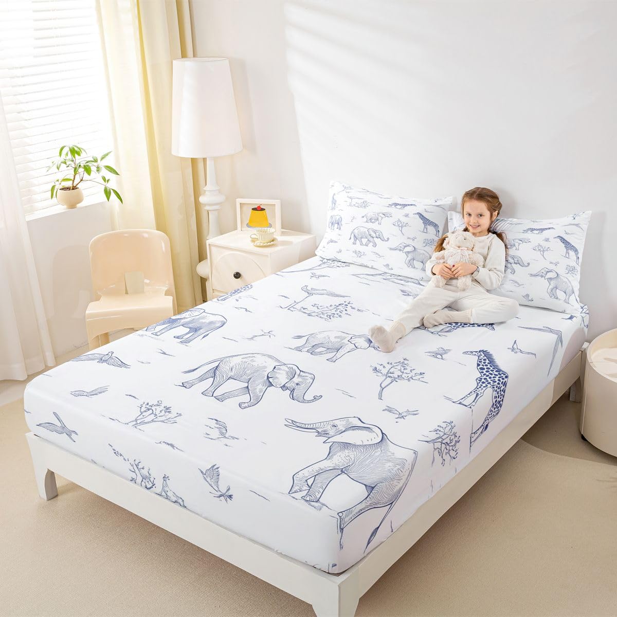 Erosebridal Jungle Animals Bed Sheets Full Cartoon Kawaii Sheet Set for Kids Boys Girls Hunter Brown Rust Wildlife Sheets Elephant Lion Giraffe Animal Flat Fitted Sheet 3 Pcs