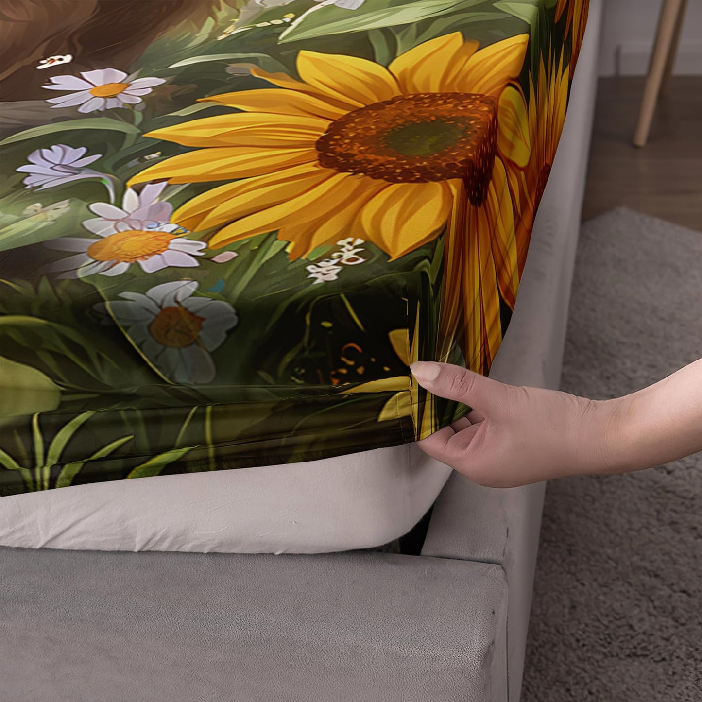 HOSIMA Highland Cow Fitted Sheet Full for Kids,Cute Cows in Sunflowers Field,Butterfly Pattern Animal Themed Kawaii Bedding for Boys Girls Room Decor,1 Fitted Sheet+2 Pillowcases.