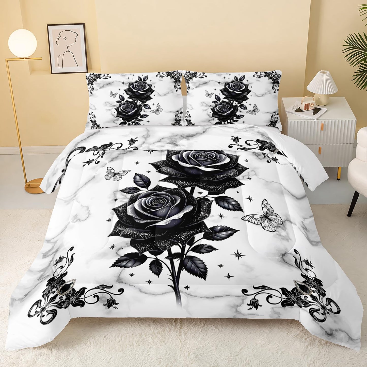 QOOMO Black Flowers Kids Bedding Set,Cartoon Plants Comforter Set Queen Size for Boys Girls Teen Room Decorat,Soft Lightweight Bed Set All Season,1 Comforter 2 Pillowcases