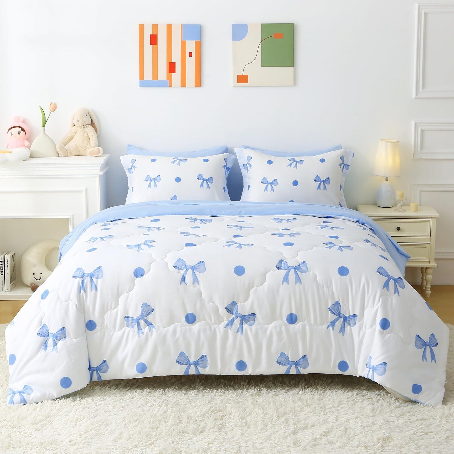 Wajade 7 Piece Blue Bow Comforter Set for Girls Kids Queen Size Bedding Set with Sheet and 2 Pillowcases 2 Pillow Shams Cute Girls Bed in a Bag as Birthday Choice
