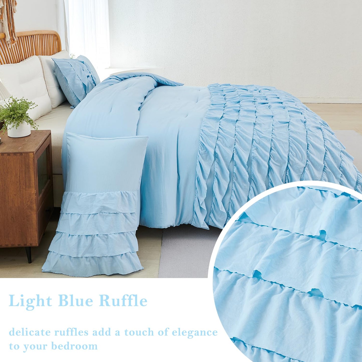 PERFEMET Ruffles Comforter Set 3 Pieces Light Blue Queen Comforter Set Shabby Chic Bedding Sets for Women Teen Girls Fluffy for All Season