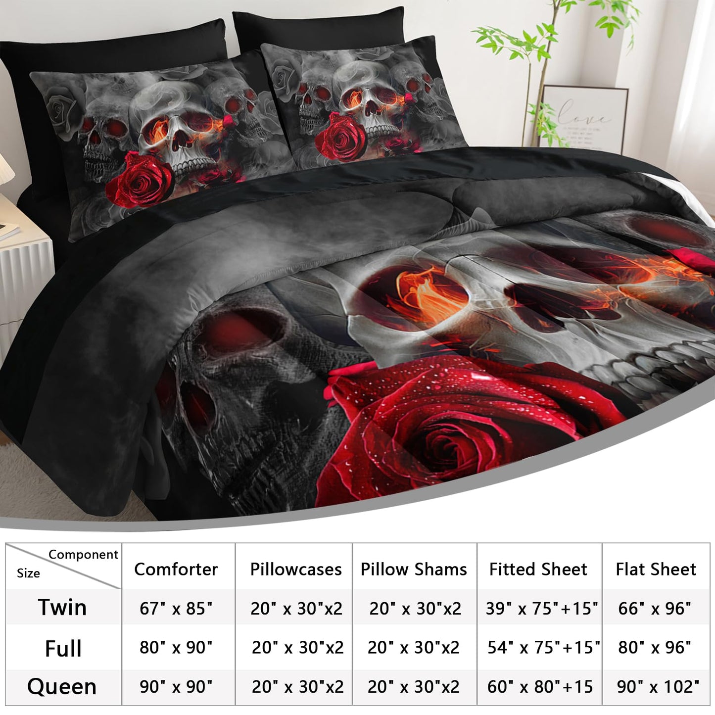 AILONEN Gothic Skull Comforter Set Full,7-Piece Romantic Rose Smoky Skull Bed in a Bag for Boys Girls Kids,Soft Comforter & Fitted Sheet with Flat Sheet & 2 Pillowcases,2 Pillow Shams for Bedroom