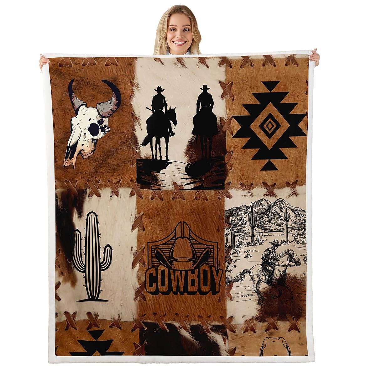 Erosebridal Western Cowboy Fleece Blanket Longhorn Cow Skull Cowhide Print Sherpa Blanket 90"x90", Tribal Geometric Aztec Farmhouse Farm Animals Fuzzy Plush Throw