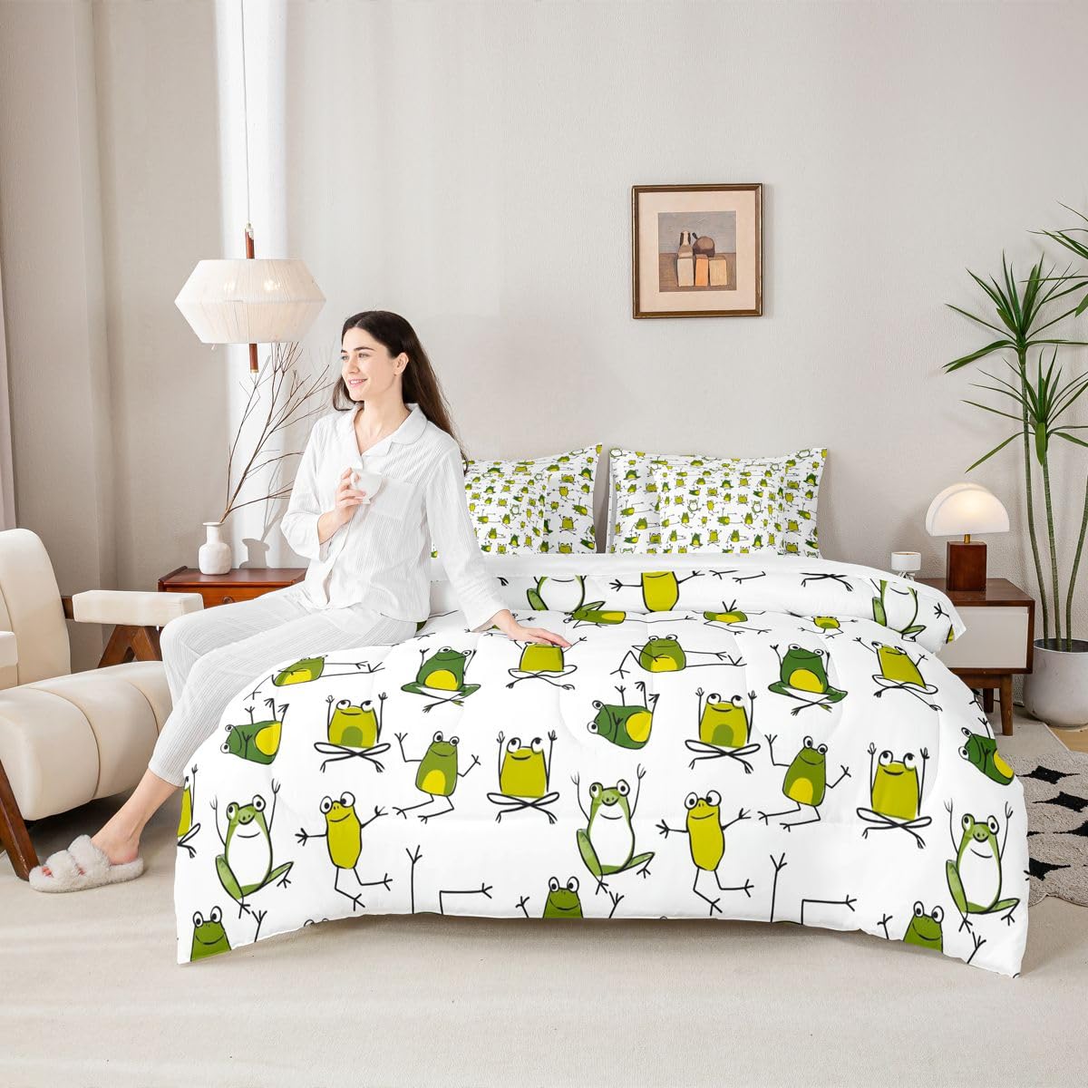 Erosebridal Green Frog Bed in a Bag Queen Comforter Set 7-Piece | Funny Frog Bedding Sets Cartoon Wild Animals Comforter and Sheet Set, Cute Reptile Lovely Wildlife Room Decor