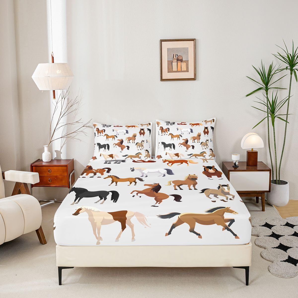 Cartoon Horse Bed Sheet for Boys Girls, Various Farm Animals Fitted Sheet for Teens Child Kids Man, Western Farmhouse Animals Bedding Sets, Cowboys Wildlife Bed Cover Twin Size Plain White