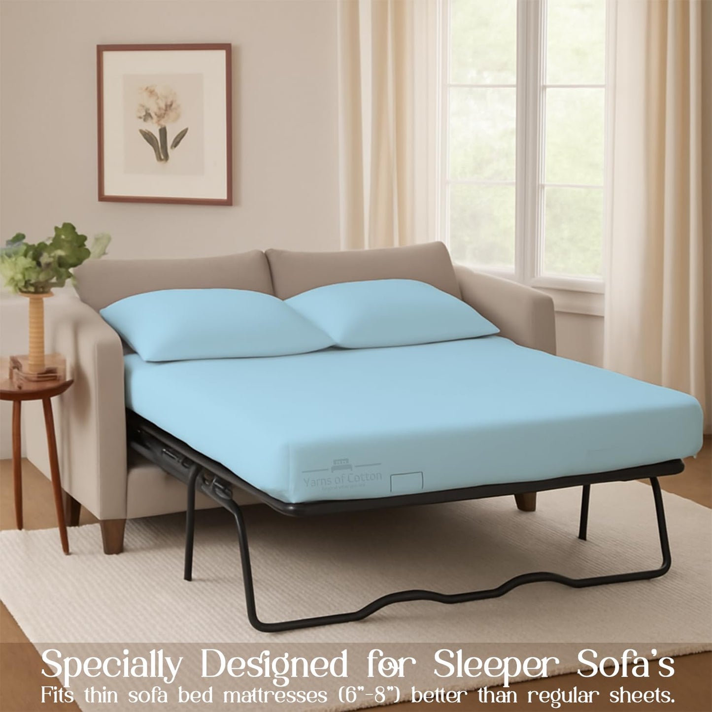 Sleeper Sofa Bed Sheet, 100% Cotton 400 Thread Count, 4 Piece Set, Deep Pocket Fitted Sheet, Soft Wrinkle Free & Breathable, Luxury Hotel Quality, Fits Up to 6 Inch Mattress (Full, Light Blue)