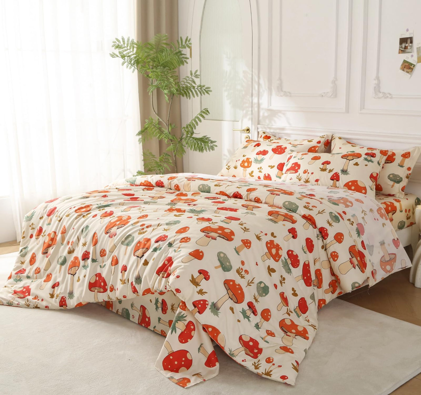 SDY 7PCS Mushroom Bedding Twin，Mushroom Comforter Twin and Bed Sheets for Boys Girls and Kids witj 1Comforter 1Fitted Sheet 1Flat Sheet 2Pillow Cover 2Pillow Sham