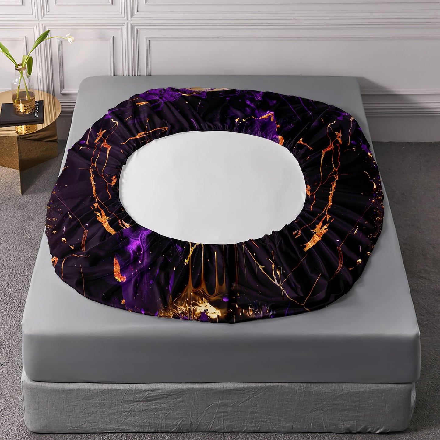 AILONEN Black Gold Skull Fitted Sheet Set Queen Size,Purple Skeleton Goth Soft Fitted Sheet + 2 Pillowcases for Boys Girls,3 Pieces