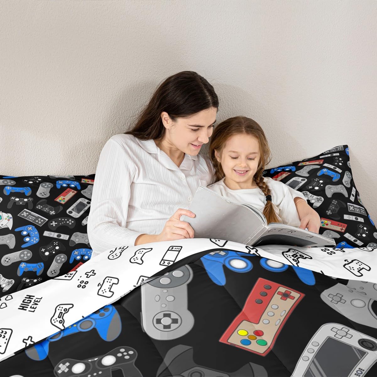 Erosebridal Teens Gamepad Bedding Set, Modern Gamer Down Comforter Full Size for Kids Boys Children Youth, Video Game Comforter Set Player Gaming Joystick Duvet Insert for Bedroom, Black Blue