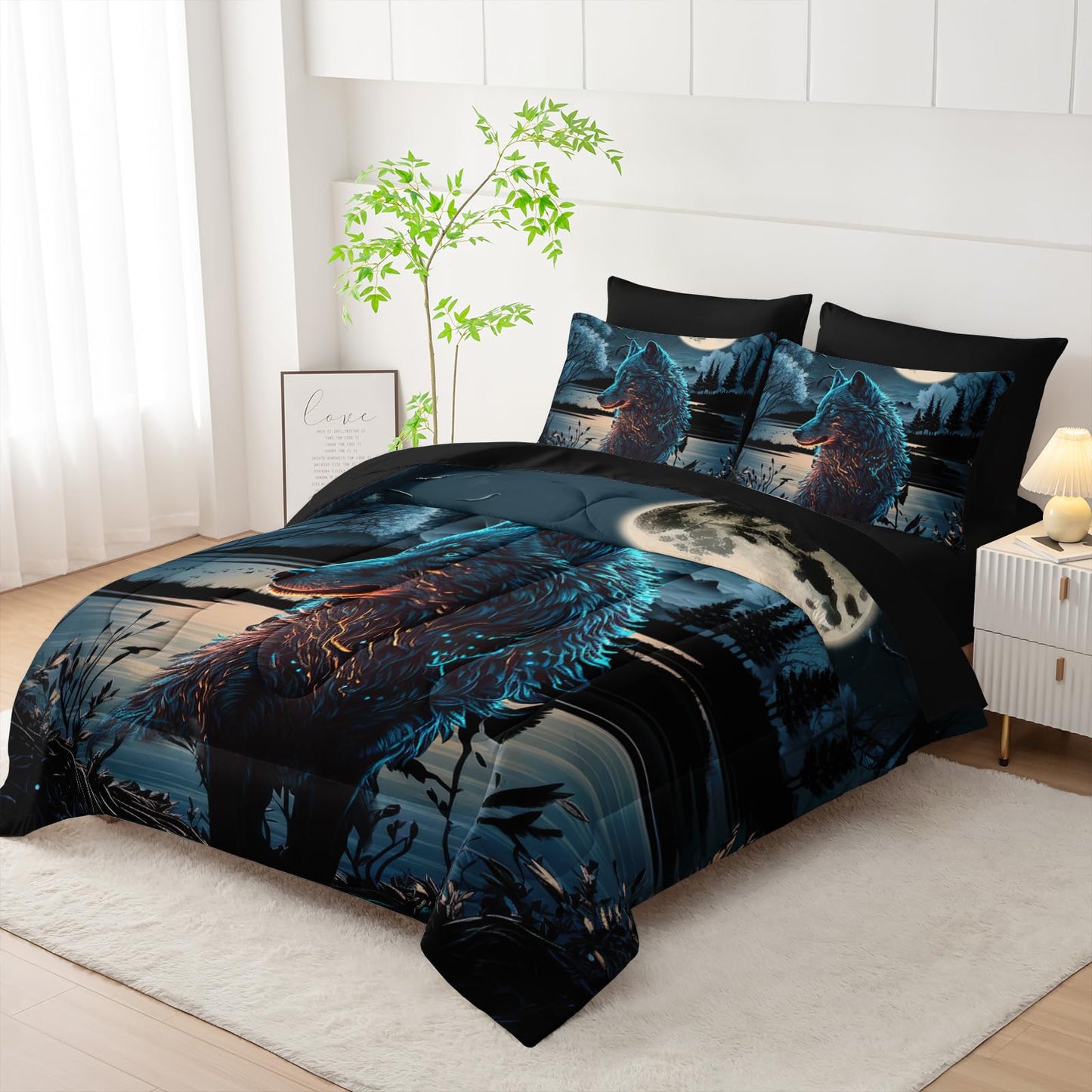 AILONEN Wolf Comforter Set Twin Size,7Pcs Soft Kids Boys Bed in a Bag,Moon Black Wolf Bedding Print Comforter & Fitted Sheet & Flat Sheet & 2 Pillowcases,2 Pillow Shams for Room Decor