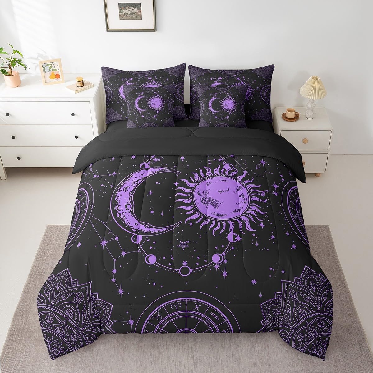 Feelyou Sun and Moon 7 Piece Bedding Set, Constellation Galaxy Comforter Set Cover for Kids Boys Girls Teens Psychedelic Boho Mandala Bedding Set Celestial Puprle Black Queen Size