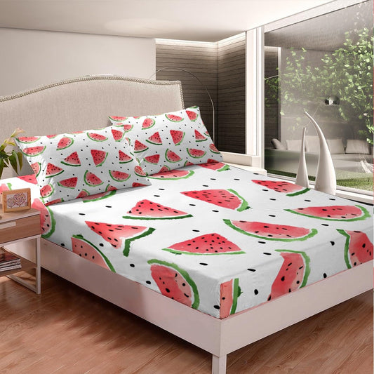 Feelyou Watermelon Bedding Set Kids Boys Girls Delicious Fruit Print Fitted Sheet Watermelon Seeds Bed Sheet Set Cool Summer Bed Cover,Room Decor 3Pcs Sheets Full Size