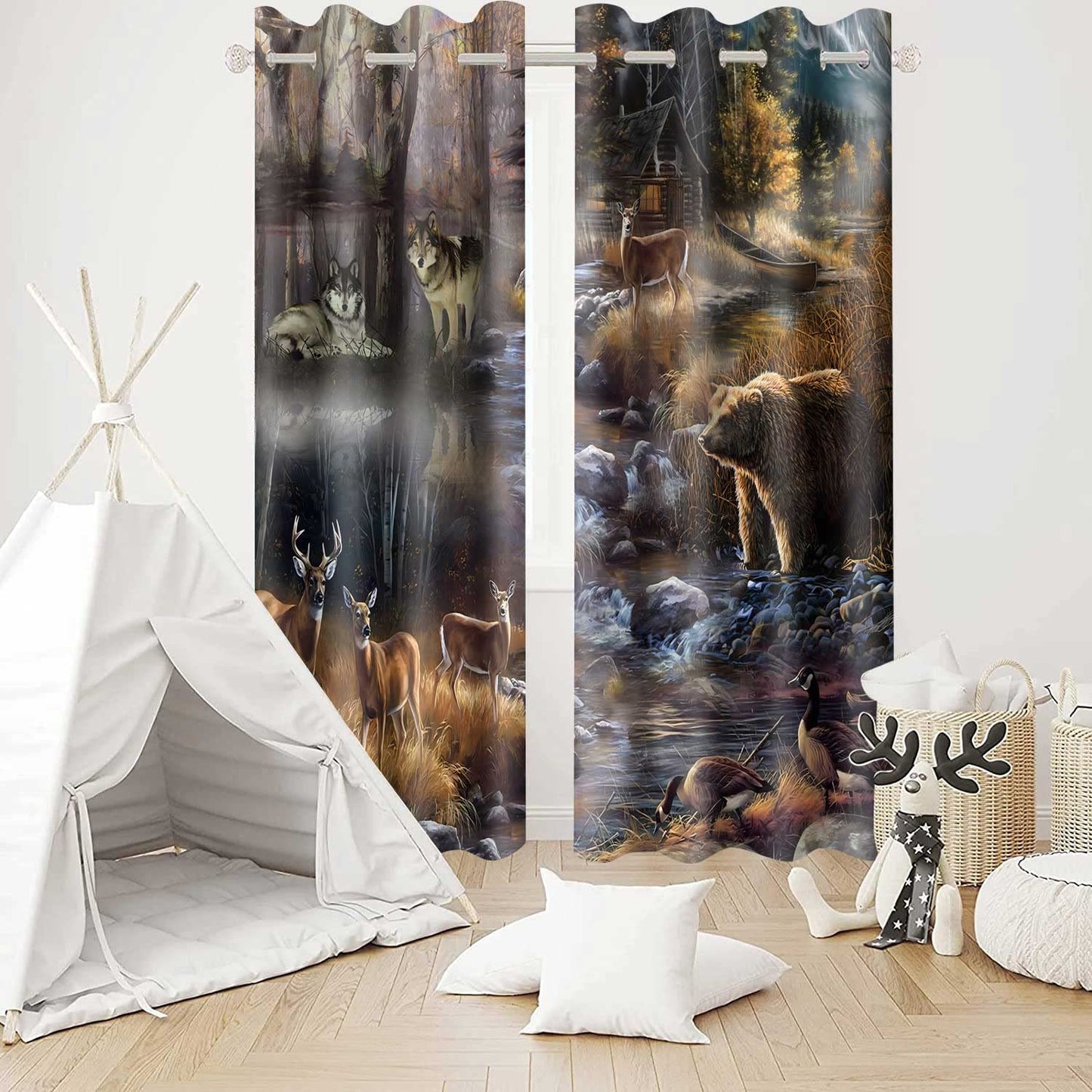 MIZSYE Rustic Lodge Curtains Wildlife Wolf Bear Elk Duck Country Style Blackout Curtain Forest River Nature Landscape Zoo Window Treatments for Bedroom Living Room 2 Panel 42x84inch CLDWMS0235