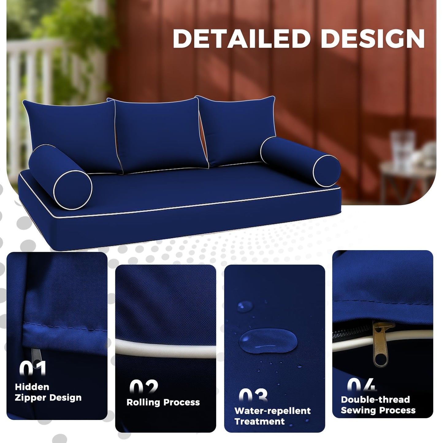 Twin Size Outdoor Daybed Mattress Cover，Outdoor Twin Cushion Cover for Swing Bed with Zipper，Porch Swing Bed Mattress Bolster Pillow Fitted Sheet Covers，Only Covers (Navy blue, 75*39*6in)