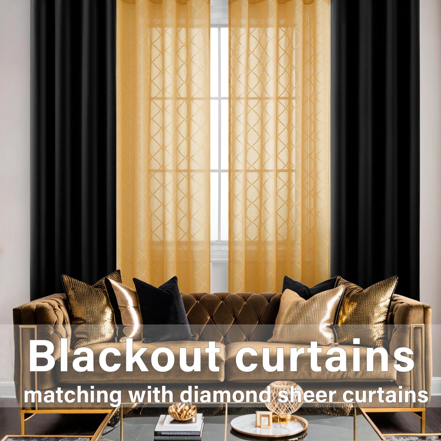 KOUFALL Gold Curtains for Living Room 84 Inches Long,Sheer Geometric Fancy Sheers Mid Century Modern Boho Curtains for Bedroom 2 Panels Set