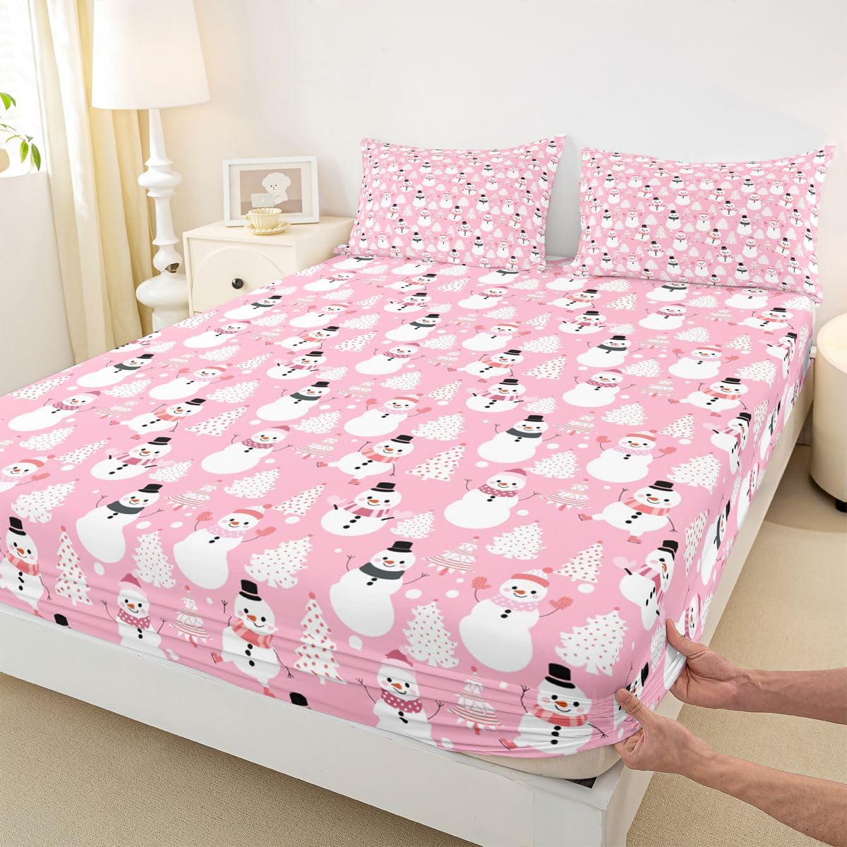 Erosebridal Kawaii Bedding Sets Twin Cute Cartoon Snowman Fitted Sheet for Kids Child Girls Pastel Pink Merry Christmas Tree Bed Sheets Snowflake Bedding Decor Set Xmas Decorations