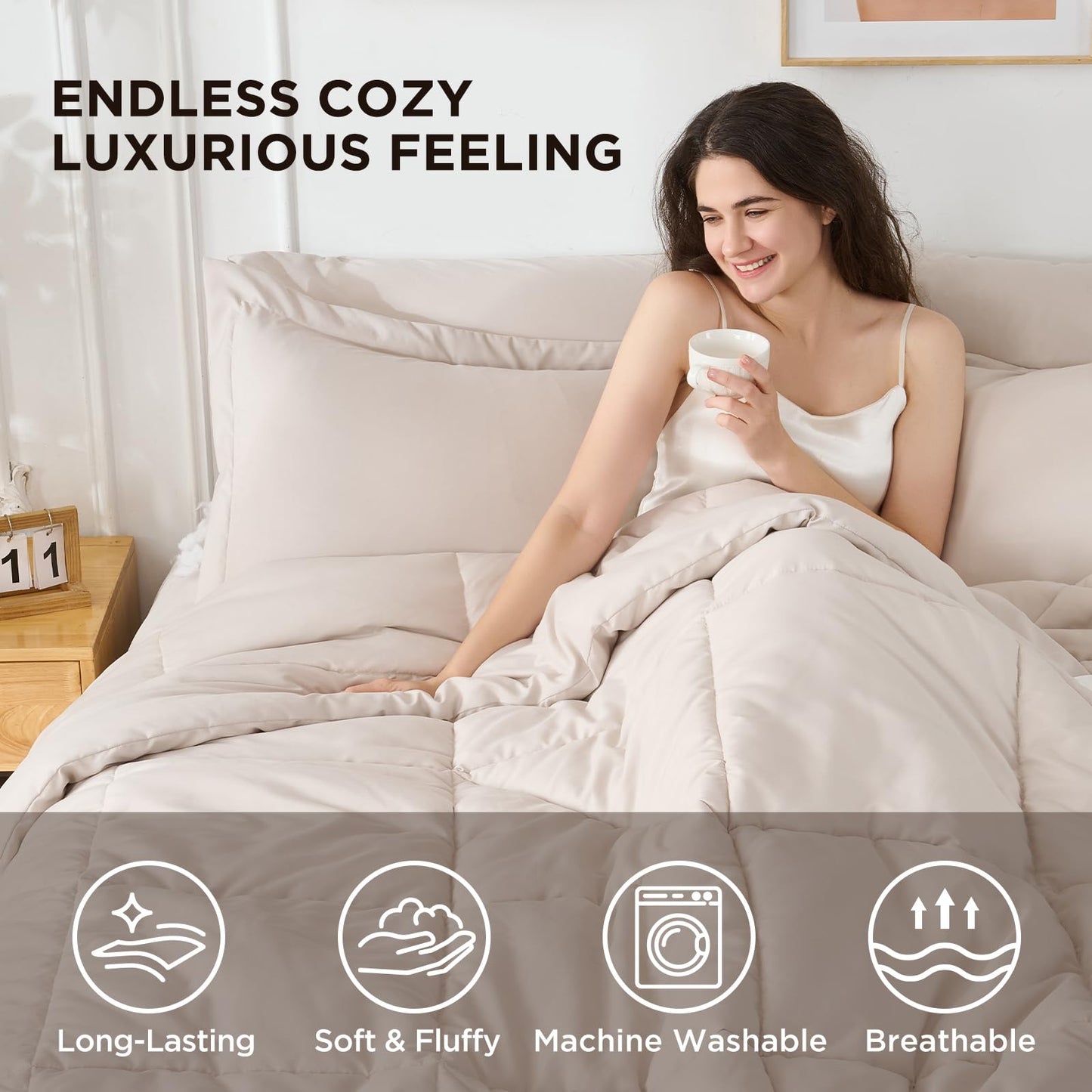 Baskbed 7 Pieces Queen Comforter Set - Utral Soft Microfiber Bedding Set, Thick Duvet Insert Bed in a Bag Without Rustling Noise for All Season, Beige (88"x88")
