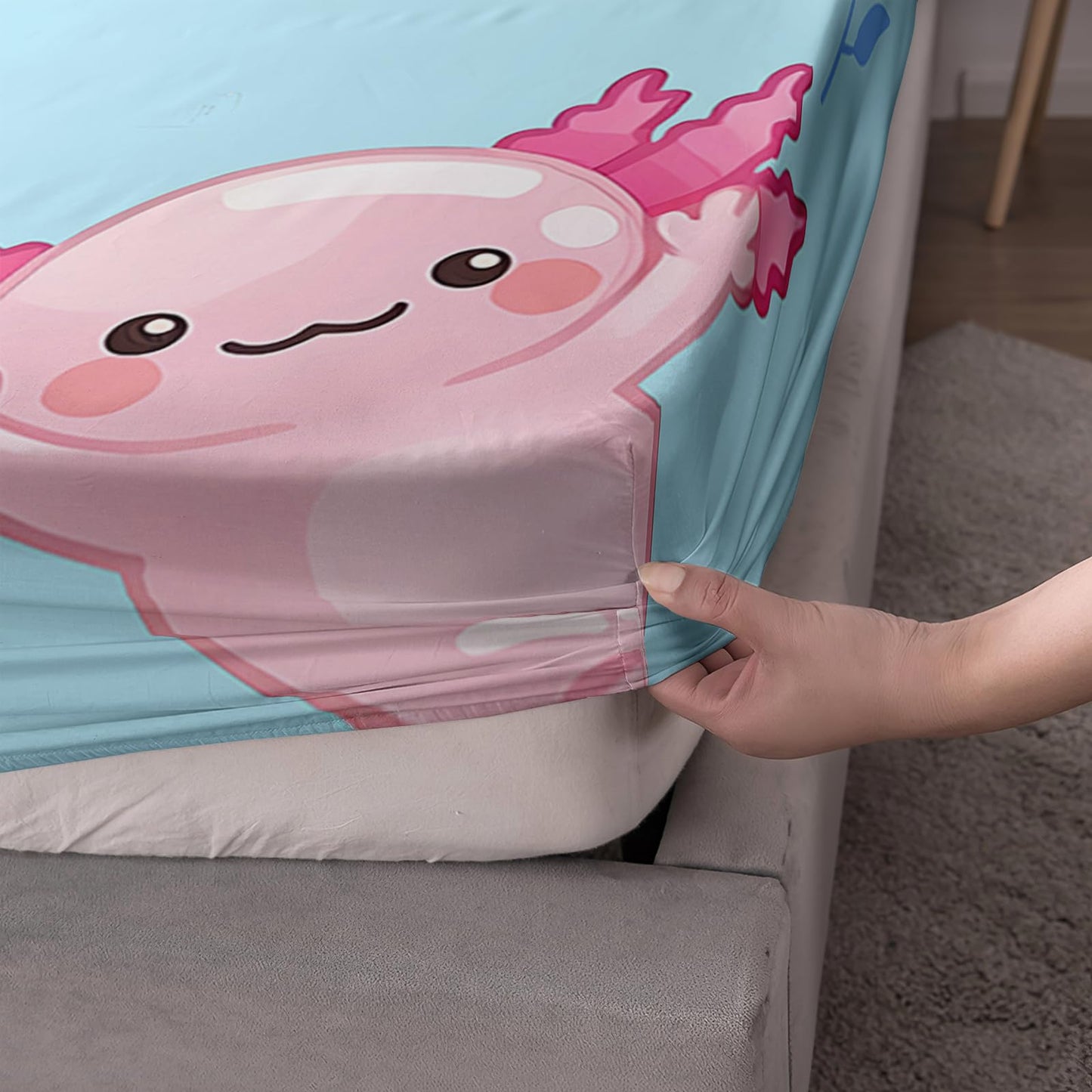 QOOMO Kawaii Marine Life Silky Soft Microfiber Bed Sheets Cute Axolotl Super Soft Kids Bedding Set Blue Ocean Breathable Room Decoration Queen Size 1 Fitted Sheet, 1 Flat Sheet, 2 Pillow Cases