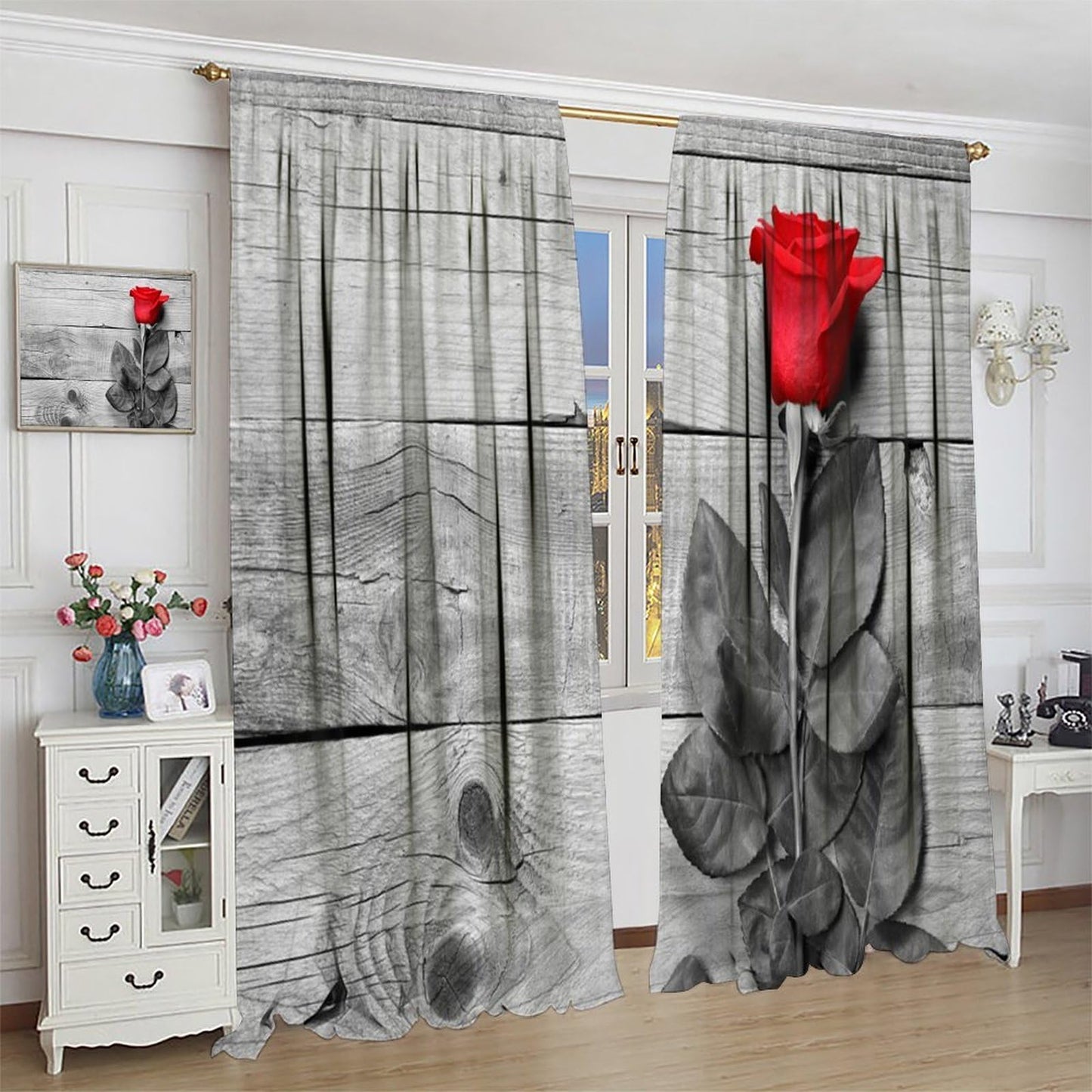 GoDazzling Red Rose Wooden Floral Curtains, Farmhouse Rustic Flower Black Red Rod Pocket Window Drapes, for Bedroom Living Room. 41" W X 45" L (No Blackout)