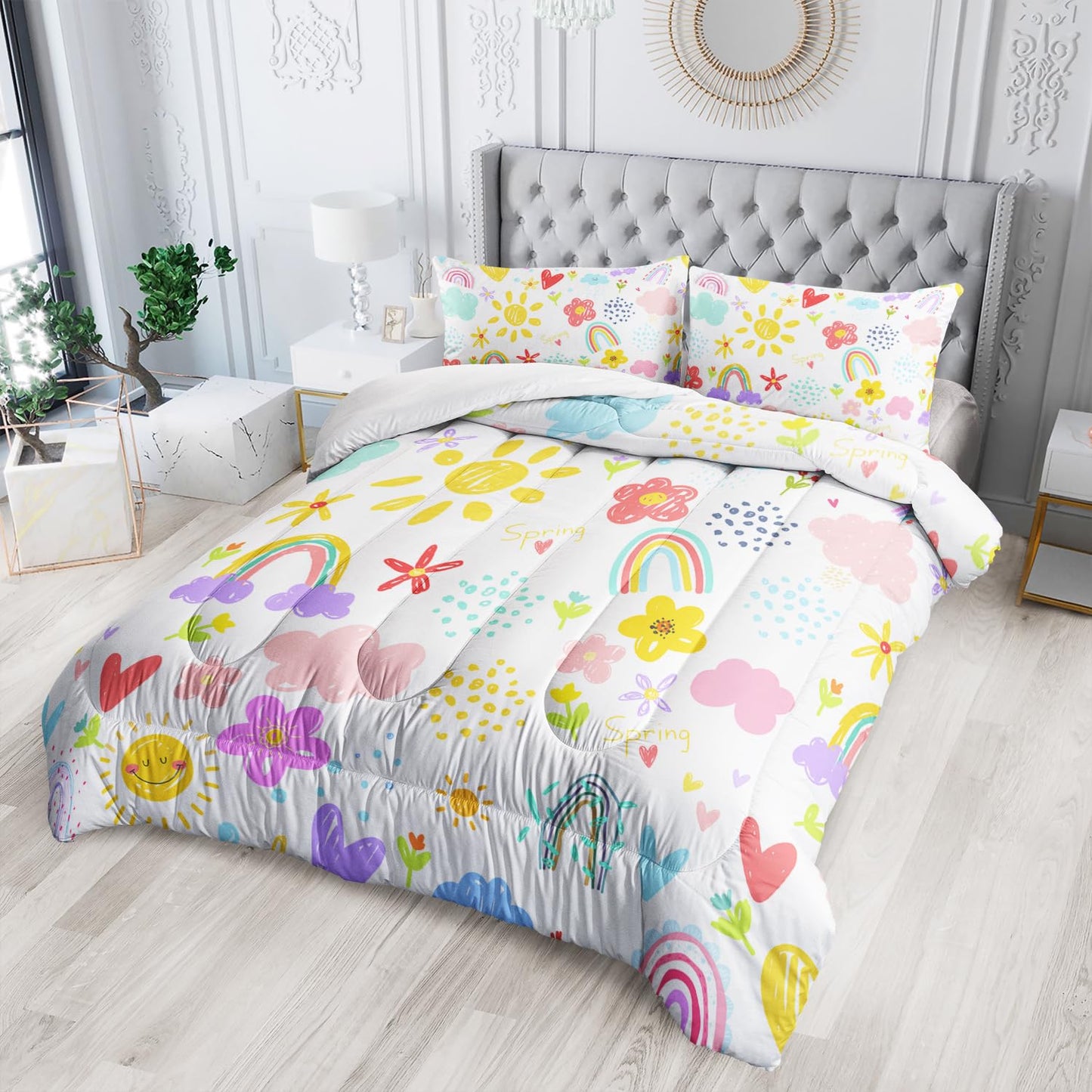 XYNHML Colorful Rainbow Comforter Graffiti Cute Sun Flowers Bedding 3Pcs Full Cartoon Hearts Cloud Pattern Quilt Set for Kids Teens Girls Boys Raindrop Bed Set with 1 Comforter and 2 Pillowcases