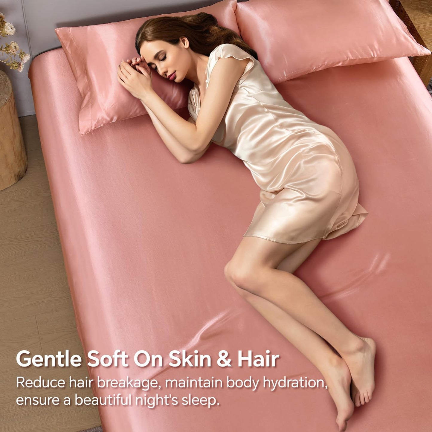 BEDELITE Satin Fitted Sheet Queen with Elastic Corner Straps, Luxury Soft Silk-Like Bed Sheet for Hair & Skin, 1 Deep Pocket Fitted Sheet Only Fits 15" Mattress, Fade & Wrinkle Resistant, Rose Pink