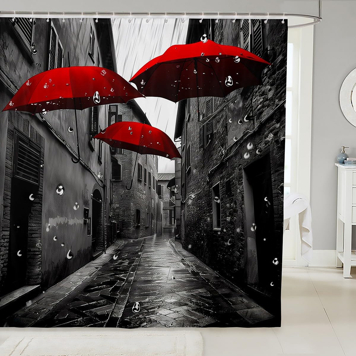 Red Umbrella Shower Curtain Black and White Bath Curtains European French City Landscape Fabric Bathroom Decor Romantic Modern Paris Art Creative Bathtub Curtain,Hotel Machine Washable,72Wx72L