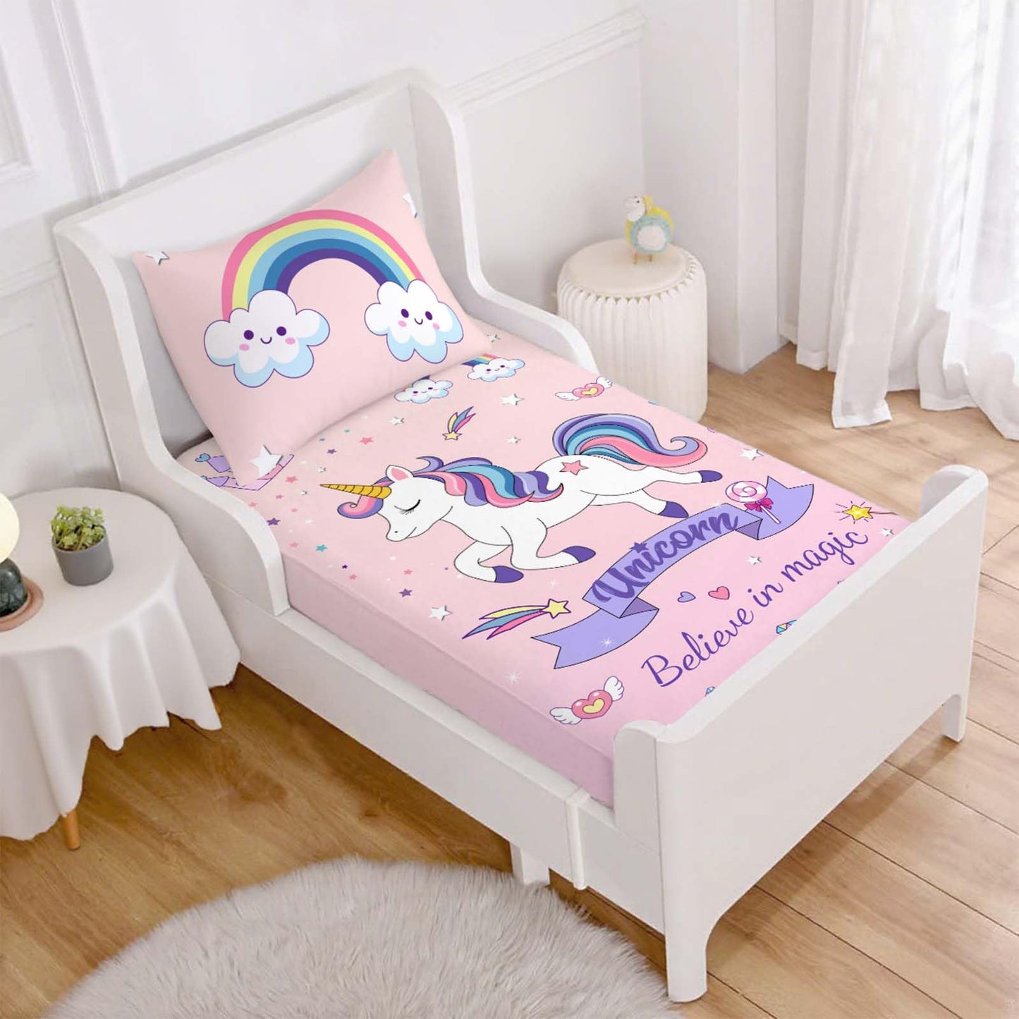 MUSOLEI Unicorn Sheet Unicorn Fitted Sheets Rainbow Bed Set Kids Sheets Kids Bedding Girl Bedding Girl bedset 1 Fitted Sheet with 1 Pillowcase （Twin）