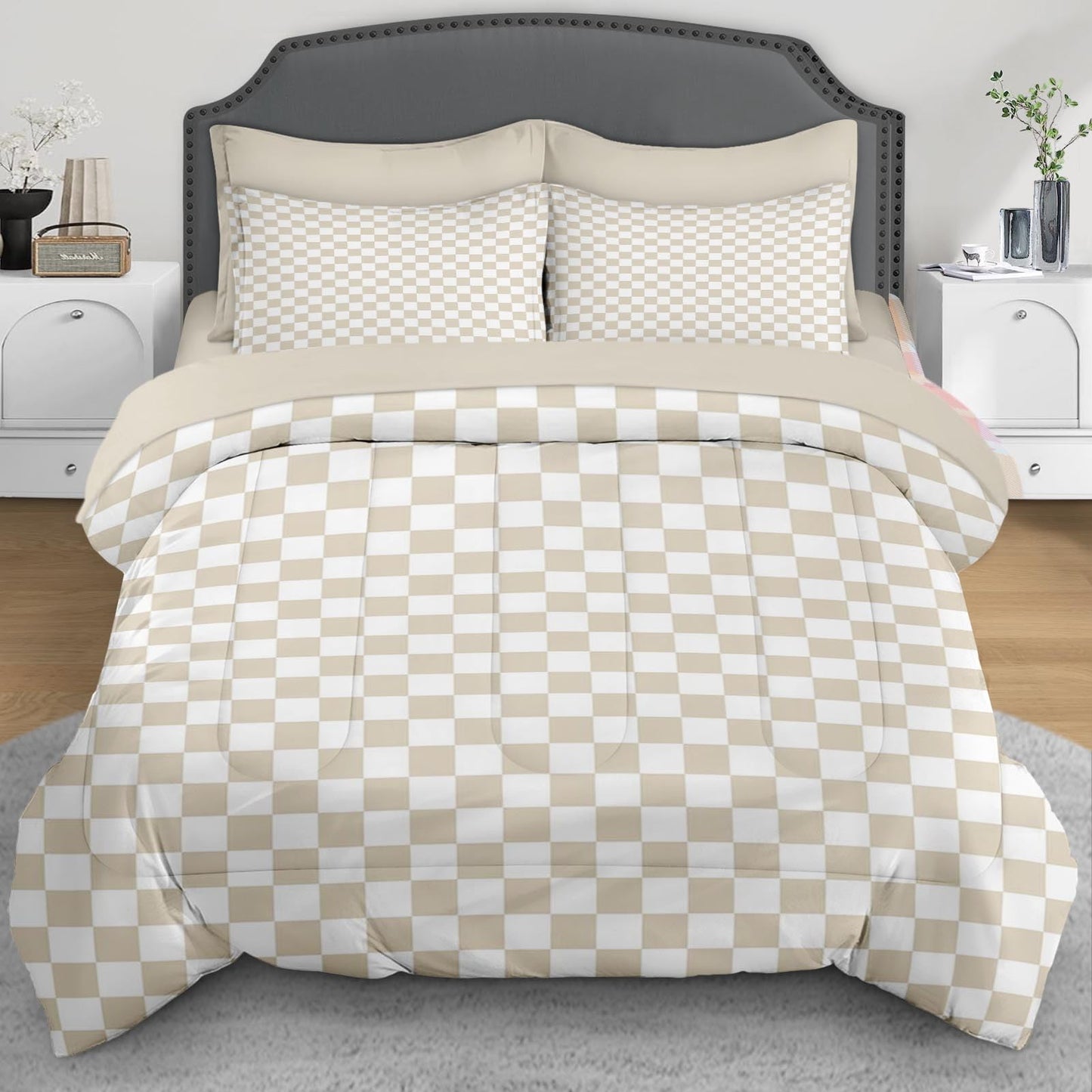 Nesphy Plaid Checkerboard Grid Geometric Beige Comforter Set 7 Pcs Full Size Quilt, Modern Checkered Op Art Soft Bedding Set with Flat and Fitted Sheet Pillowcases Sham for Adults Bedroom Bed Decor