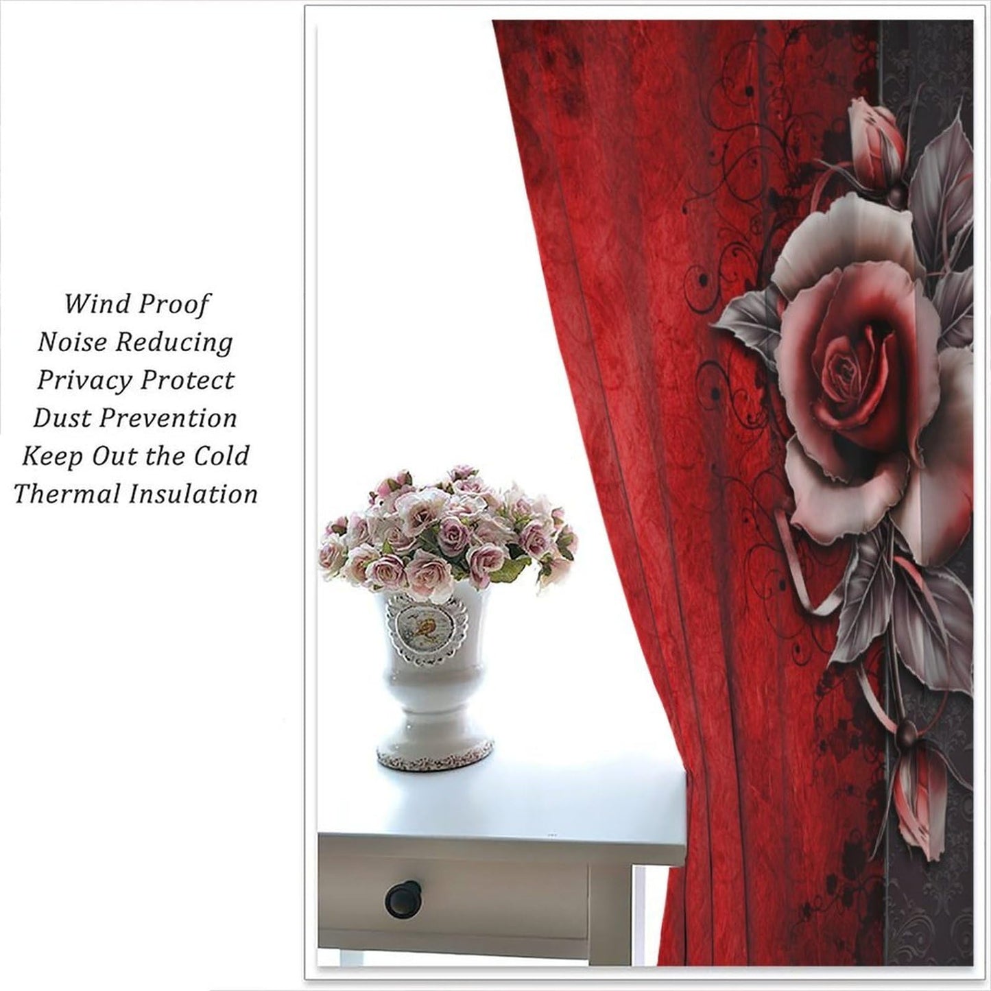 GoDazzling Retro Gothic Dream Rose Curtains, Red Rose Flower Abstract Rod Pocket Window Drapes, for Bedroom Living Room 41" W X 45" L (No Blackout)