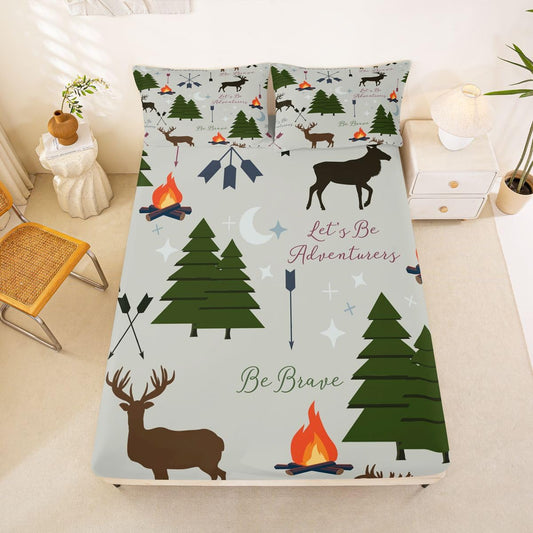 Adventure Deer Bedding Set Twin Size,Cartoon Pine Tree Jungle Animals Fitted Sheet,Arrow and Stars Moon Bed Sheet for Kids Girls Boys Adult Room Decor Rustic Camping Deep Pocket Sheet Green 2Pcs
